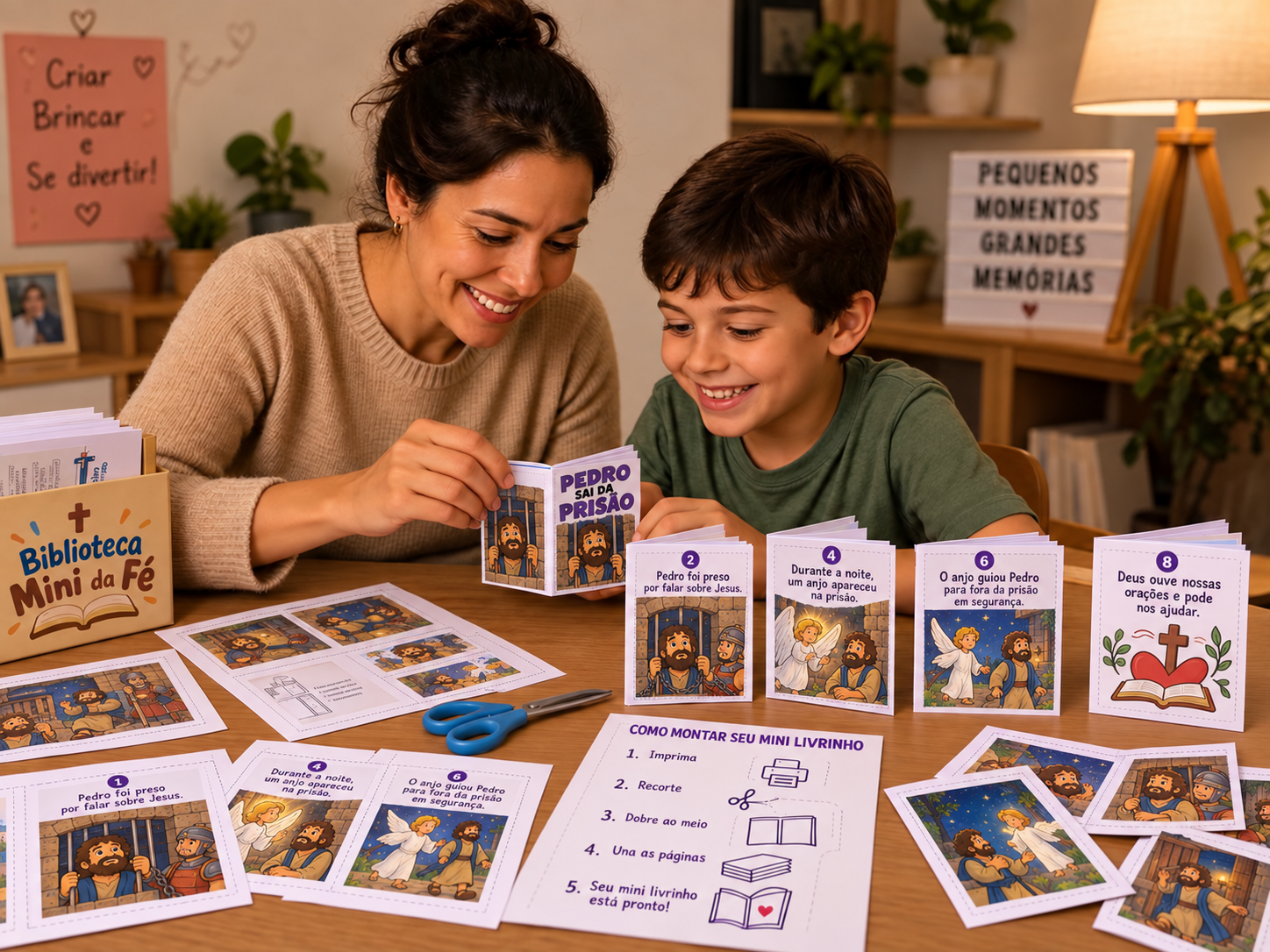 Mãe e filho montando juntos os mini livrinhos da Biblioteca Mini da Fé