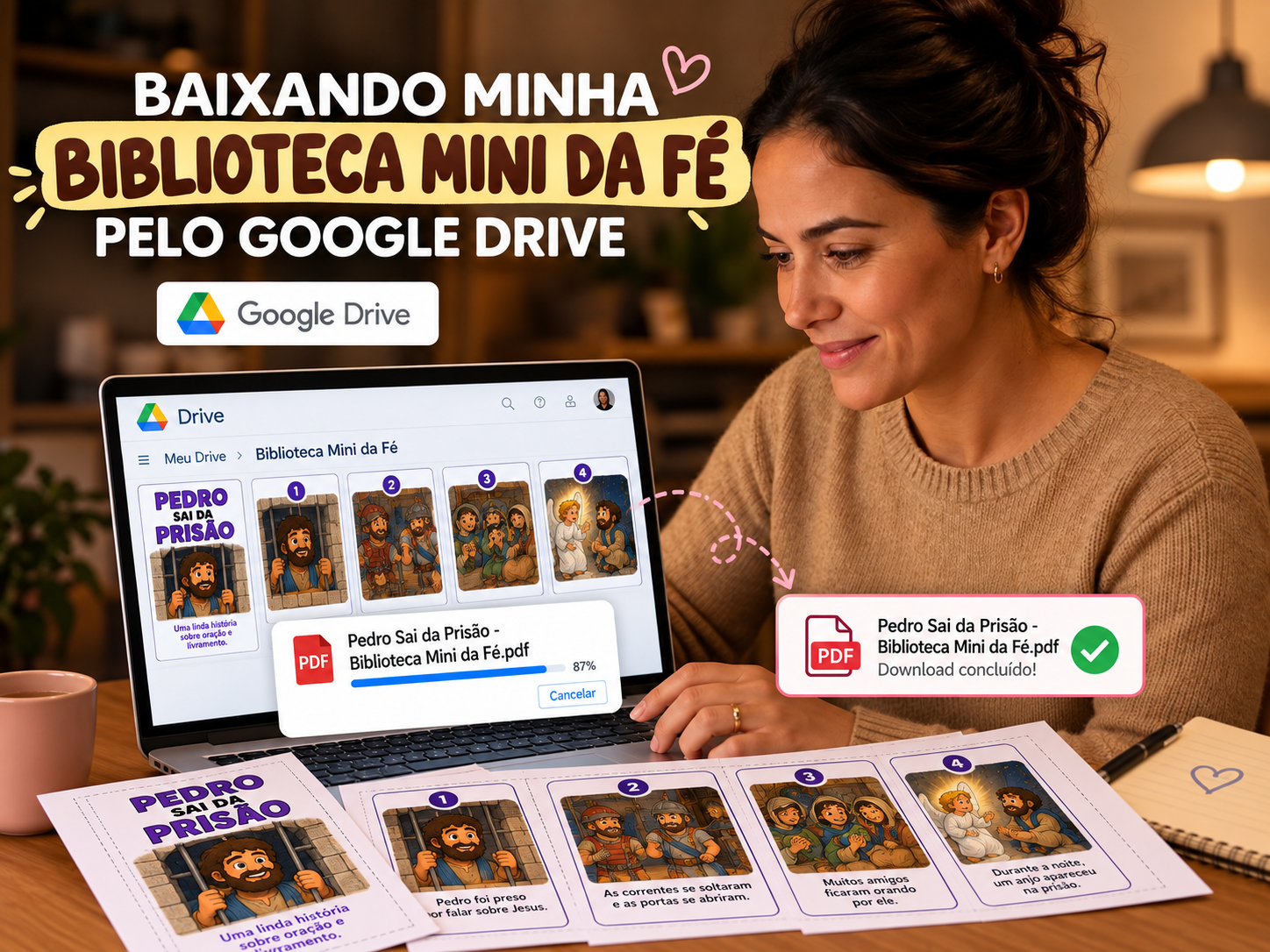 Mãe acessando a Biblioteca Mini da Fé no computador e escolhendo um livrinho bíblico